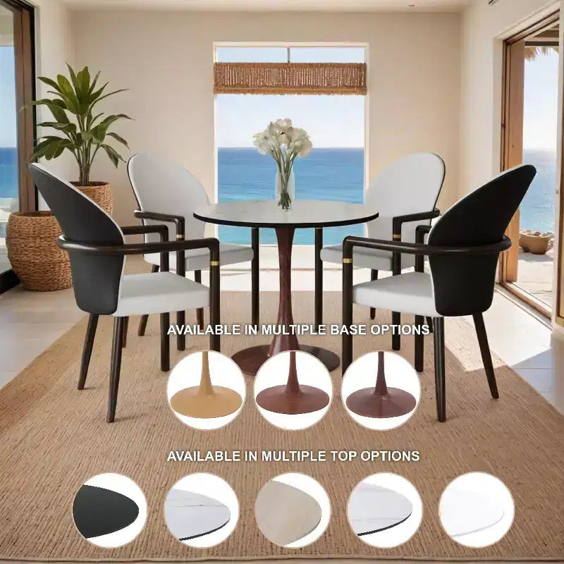LeisureMod Bristol Round Dining Table  MDF Top with Walnut Wood Steel Pedestal Base, Modern Kitchen & Dining Room Accent Table for Small Spaces