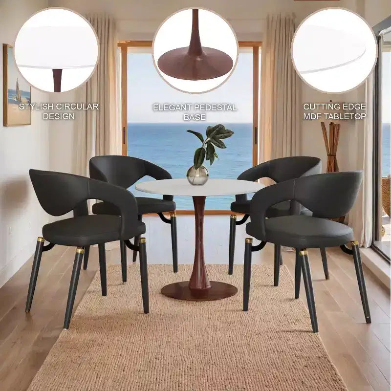 LeisureMod Bristol Round Dining Table  MDF Top with Walnut Wood Steel Pedestal Base, Modern Kitchen & Dining Room Accent Table for Small Spaces