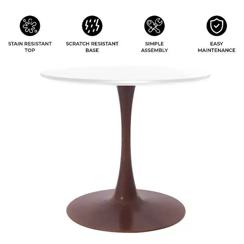 LeisureMod Bristol Round Dining Table  MDF Top with Walnut Wood Steel Pedestal Base, Modern Kitchen & Dining Room Accent Table for Small Spaces