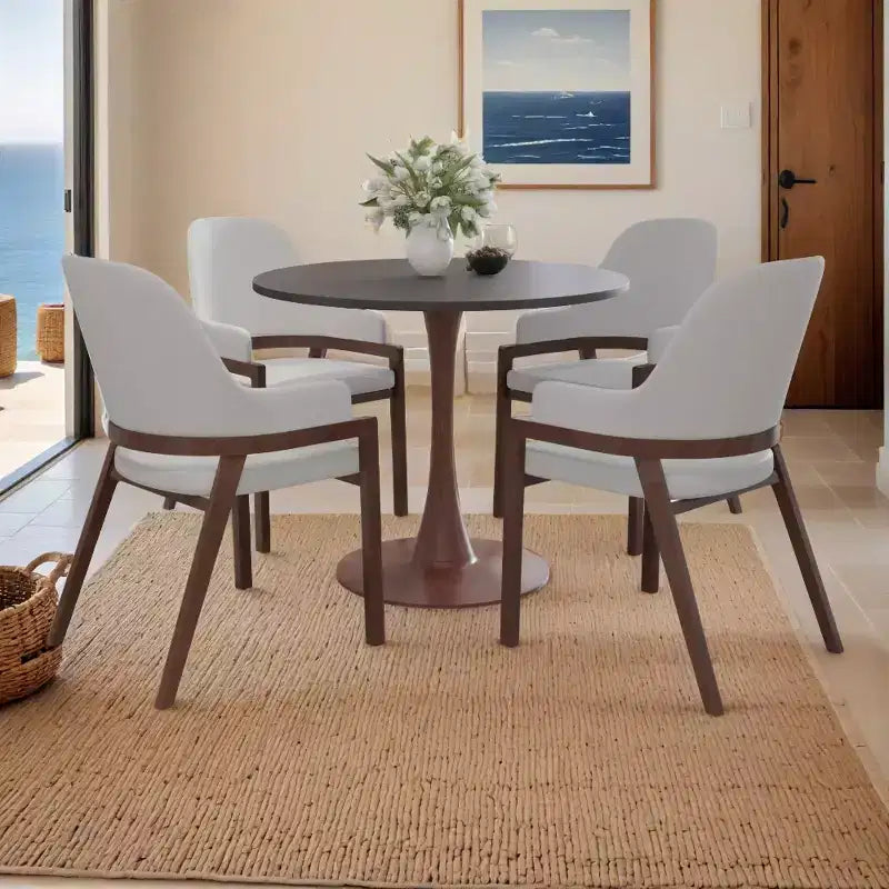 LeisureMod Bristol Round Dining Table  MDF Top with Walnut Wood Steel Pedestal Base, Modern Kitchen & Dining Room Accent Table for Small Spaces