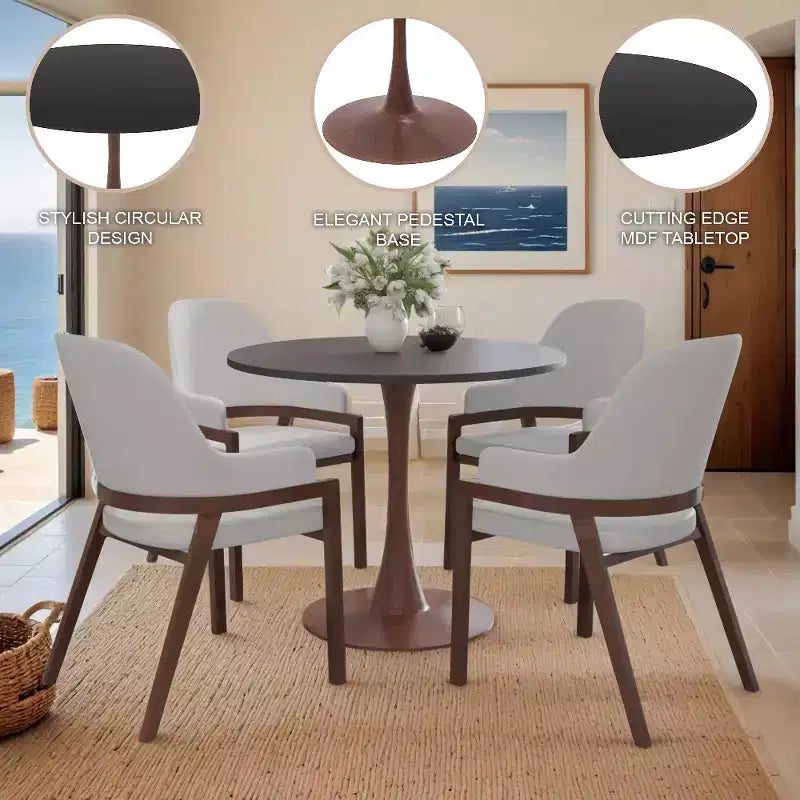 LeisureMod Bristol Round Dining Table  MDF Top with Walnut Wood Steel Pedestal Base, Modern Kitchen & Dining Room Accent Table for Small Spaces