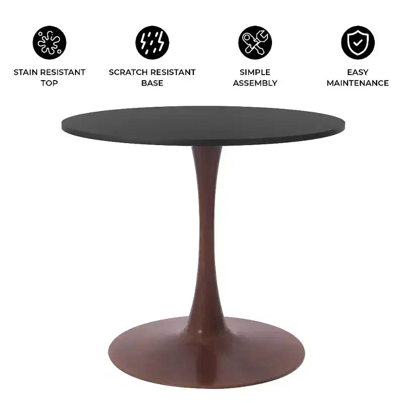 LeisureMod Bristol Round Dining Table  MDF Top with Walnut Wood Steel Pedestal Base, Modern Kitchen & Dining Room Accent Table for Small Spaces