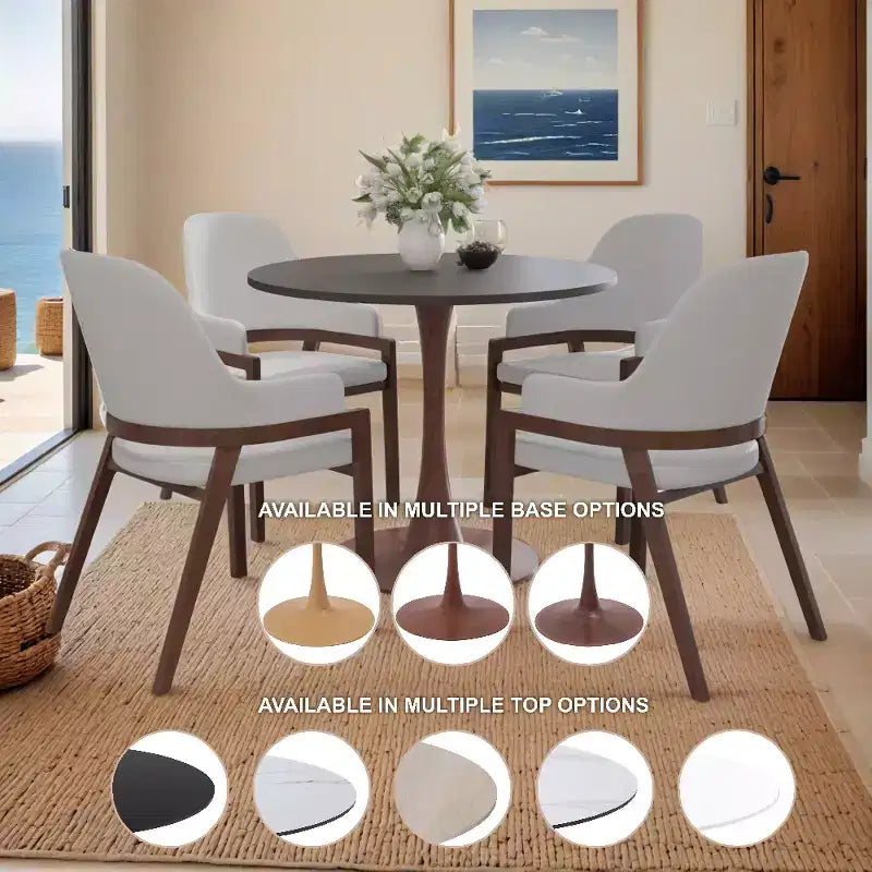 LeisureMod Bristol Round Dining Table  MDF Top with Walnut Wood Steel Pedestal Base, Modern Kitchen & Dining Room Accent Table for Small Spaces