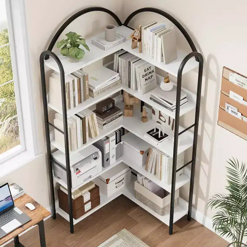Acekool Industrial L-Shaped Corner Bookshelf - 5-Tier Arched Display Shelf with Metal Frame