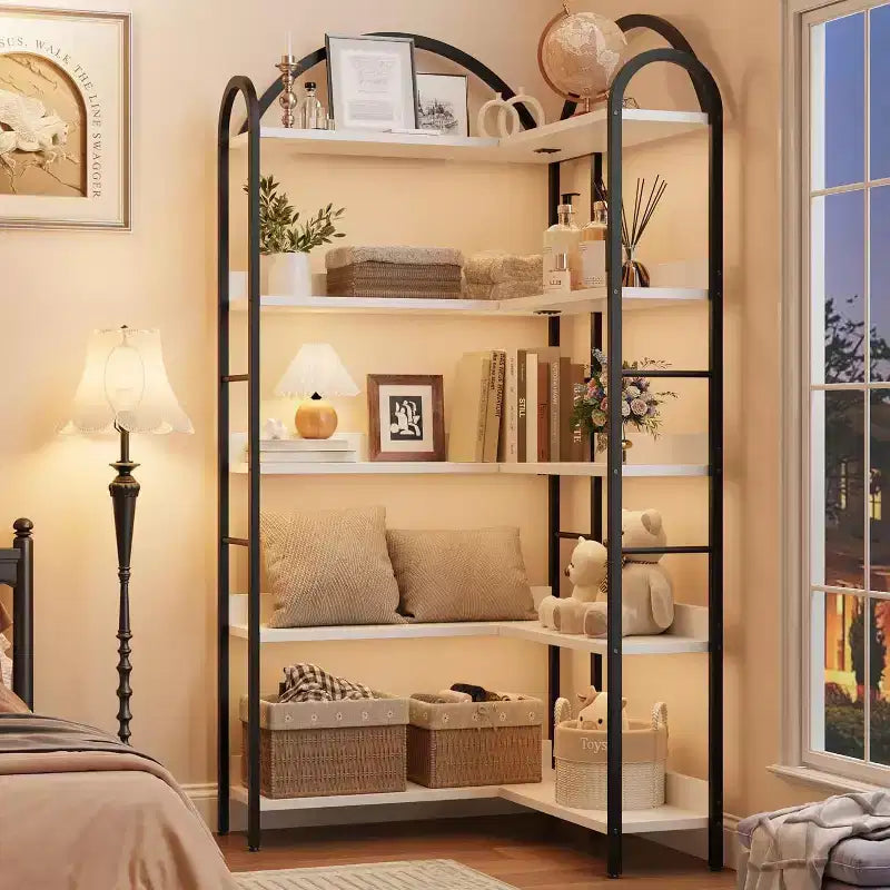 Acekool Industrial L-Shaped Corner Bookshelf - 5-Tier Arched Display Shelf with Metal Frame