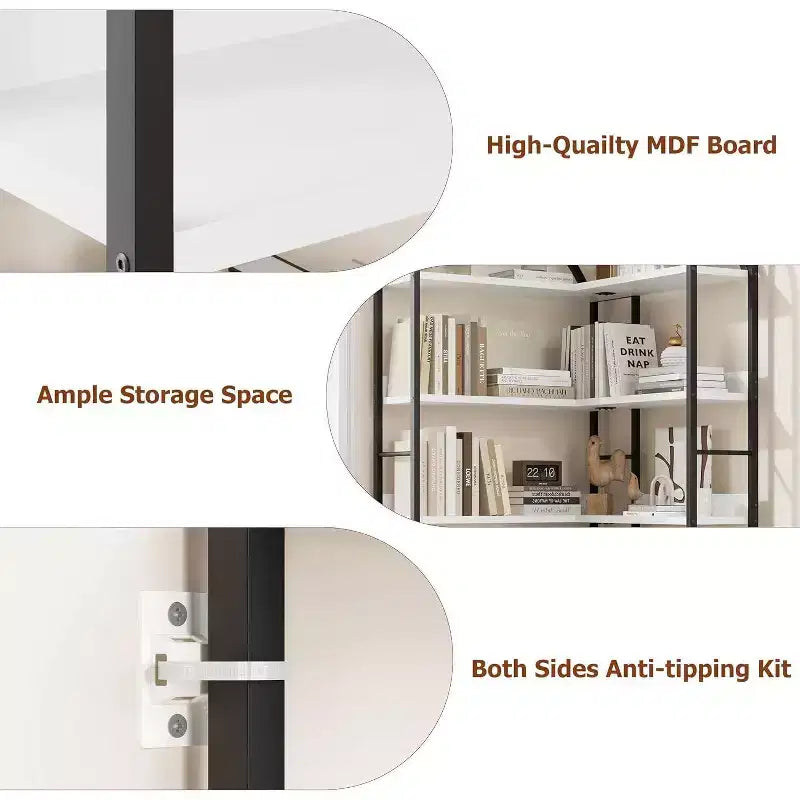 Acekool Industrial L-Shaped Corner Bookshelf - 5-Tier Arched Display Shelf with Metal Frame