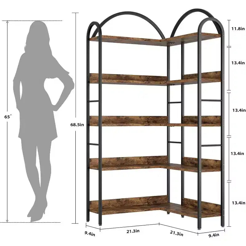 Acekool Industrial L-Shaped Corner Bookshelf - 5-Tier Arched Display Shelf with Metal Frame
