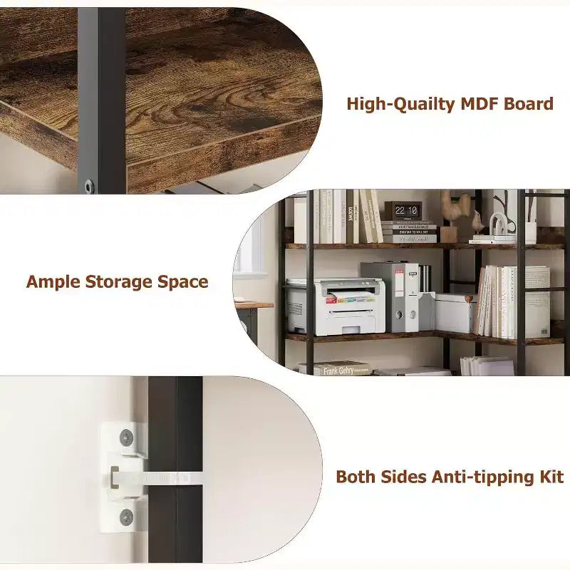 Acekool Industrial L-Shaped Corner Bookshelf - 5-Tier Arched Display Shelf with Metal Frame