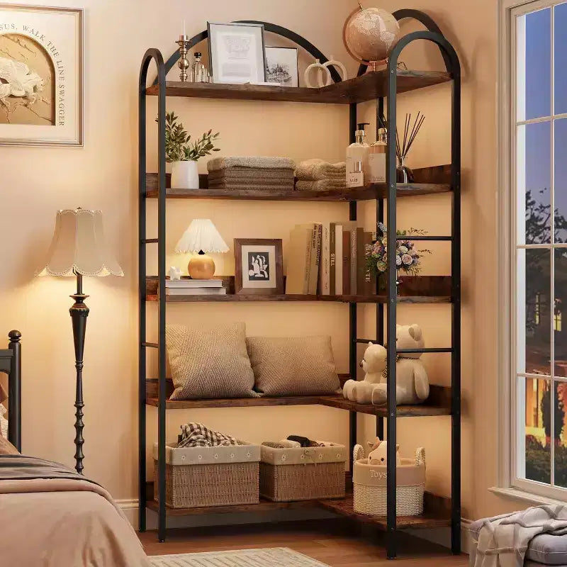 Acekool Industrial L-Shaped Corner Bookshelf - 5-Tier Arched Display Shelf with Metal Frame