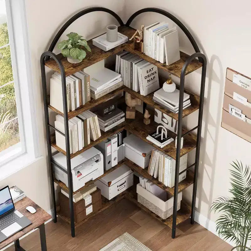 Acekool Industrial L-Shaped Corner Bookshelf - 5-Tier Arched Display Shelf with Metal Frame