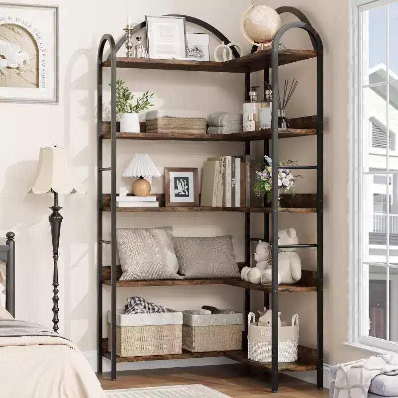 Acekool Industrial L-Shaped Corner Bookshelf - 5-Tier Arched Display Shelf with Metal Frame