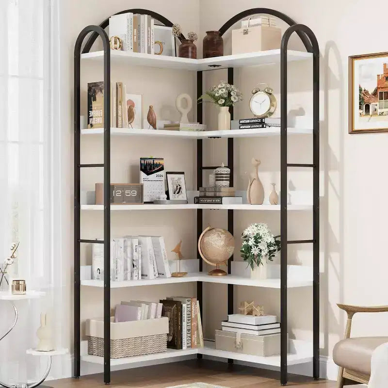 Acekool Industrial L-Shaped Corner Bookshelf - 5-Tier Arched Display Shelf with Metal Frame