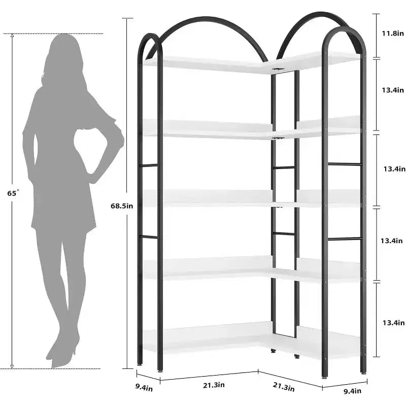 Acekool Industrial L-Shaped Corner Bookshelf - 5-Tier Arched Display Shelf with Metal Frame