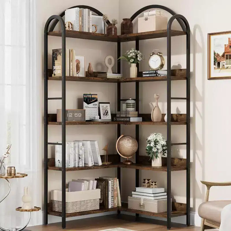 Acekool Industrial L-Shaped Corner Bookshelf - 5-Tier Arched Display Shelf with Metal Frame