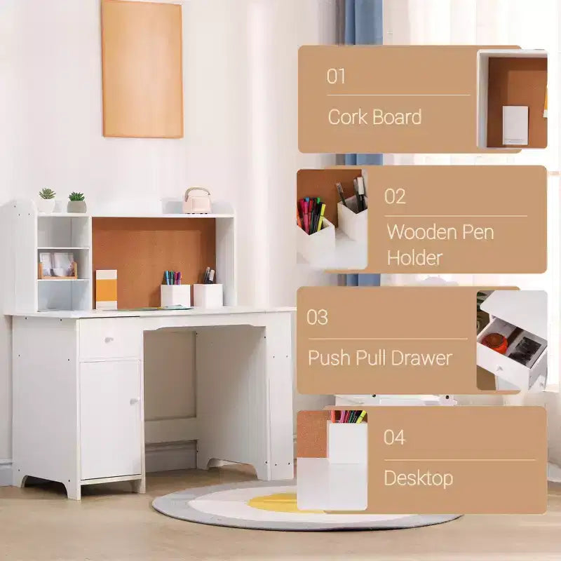 CuisinSmart Ensemble Bureau et Chaise pour Enfants, Table d'Étude pour Enfants - Comprend Étagère à Livres, Tableau d'Affichage, Armoires et Tiroir