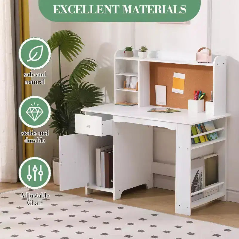 CuisinSmart Ensemble Bureau et Chaise pour Enfants, Table d'Étude pour Enfants - Comprend Étagère à Livres, Tableau d'Affichage, Armoires et Tiroir