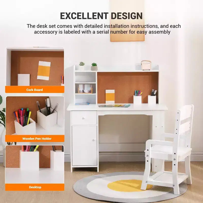 CuisinSmart Ensemble Bureau et Chaise pour Enfants, Table d'Étude pour Enfants - Comprend Étagère à Livres, Tableau d'Affichage, Armoires et Tiroir