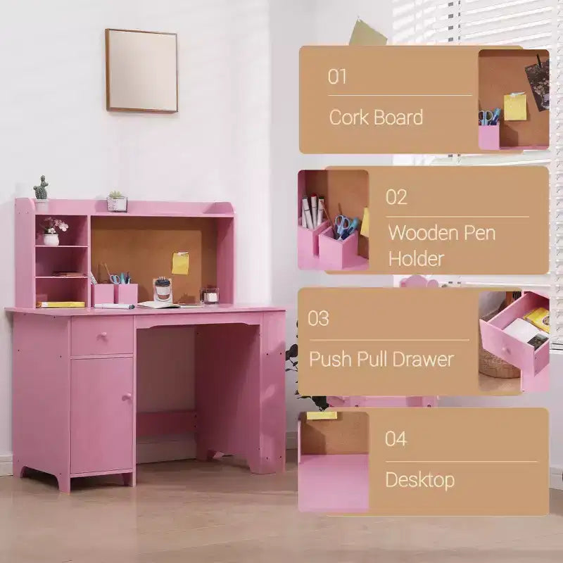 CuisinSmart Ensemble Bureau et Chaise pour Enfants, Table d'Étude pour Enfants - Comprend Étagère à Livres, Tableau d'Affichage, Armoires et Tiroir