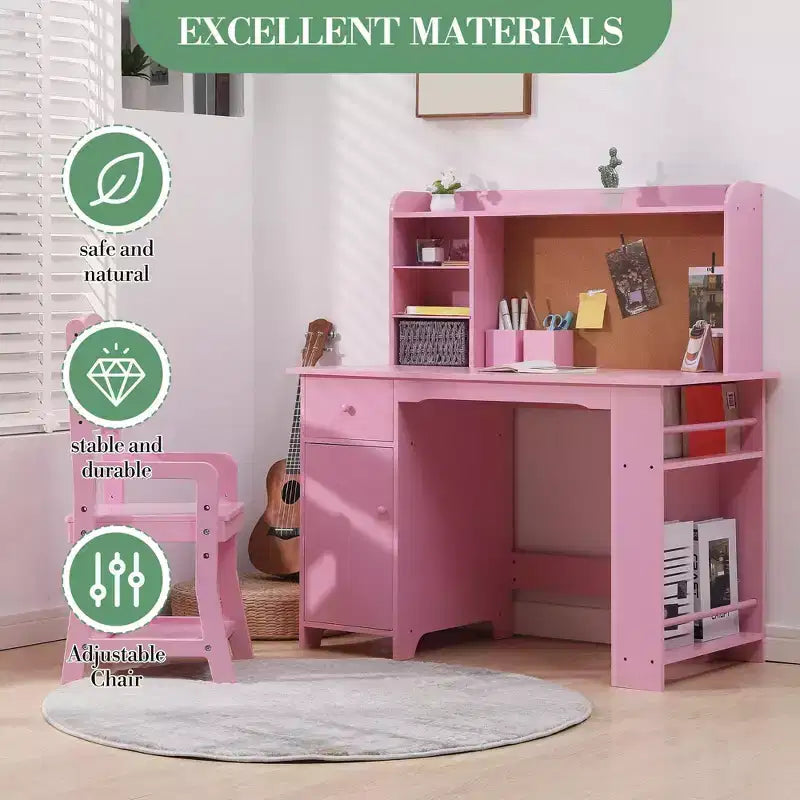 CuisinSmart Ensemble Bureau et Chaise pour Enfants, Table d'Étude pour Enfants - Comprend Étagère à Livres, Tableau d'Affichage, Armoires et Tiroir