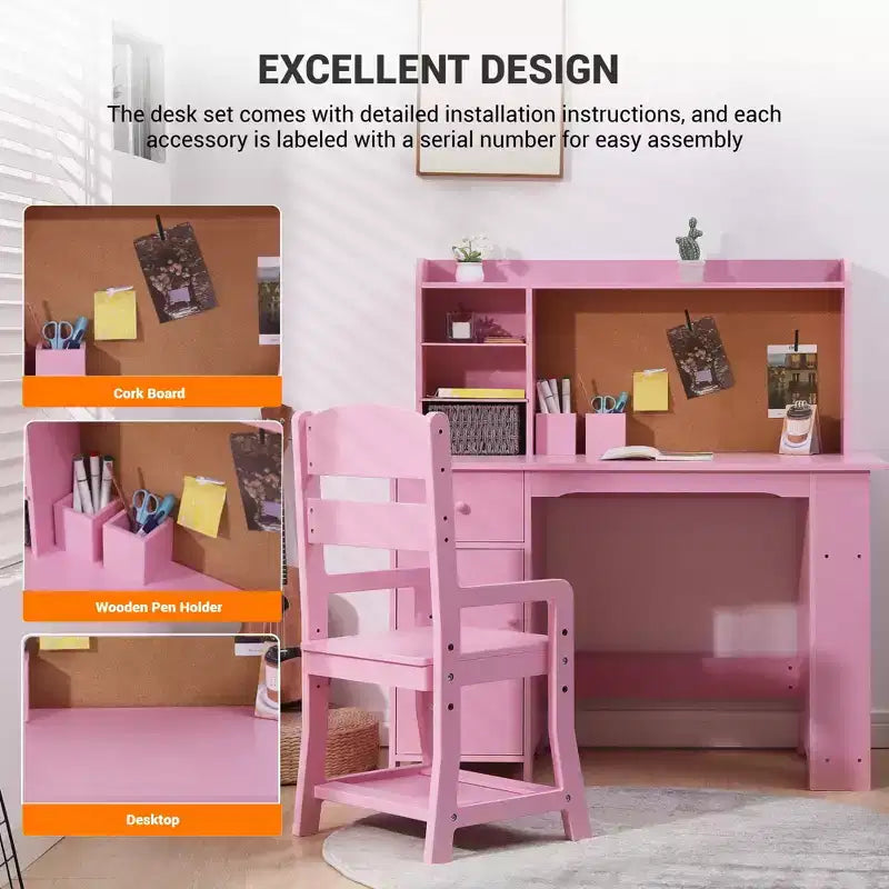 CuisinSmart Ensemble Bureau et Chaise pour Enfants, Table d'Étude pour Enfants - Comprend Étagère à Livres, Tableau d'Affichage, Armoires et Tiroir