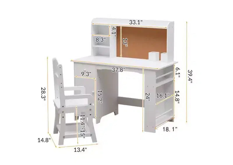 CuisinSmart Ensemble Bureau et Chaise pour Enfants, Table d'Étude pour Enfants - Comprend Étagère à Livres, Tableau d'Affichage, Armoires et Tiroir