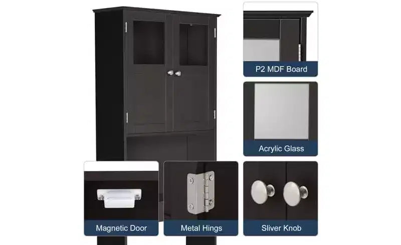 Meuble de Rangement au-dessus des Toilettes VINGLI, Organisateur de Rangement de Salle de Bain Blanc, Étagère au-dessus des Toilettes avec Double Portes en Verre Acrylique Espresso