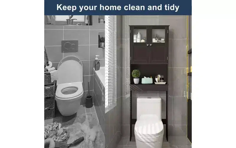 Meuble de Rangement au-dessus des Toilettes VINGLI, Organisateur de Rangement de Salle de Bain Blanc, Étagère au-dessus des Toilettes avec Double Portes en Verre Acrylique Espresso
