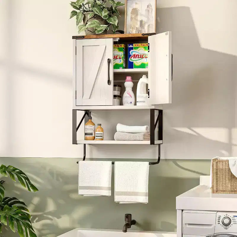 Armoire murale de salle de bain VINGLI avec barre porte-serviettes de style rustique, petite armoire à pharmacie mignonne à placer au-dessus des toilettes avec barre porte-serviettes, blanc rustique et marron