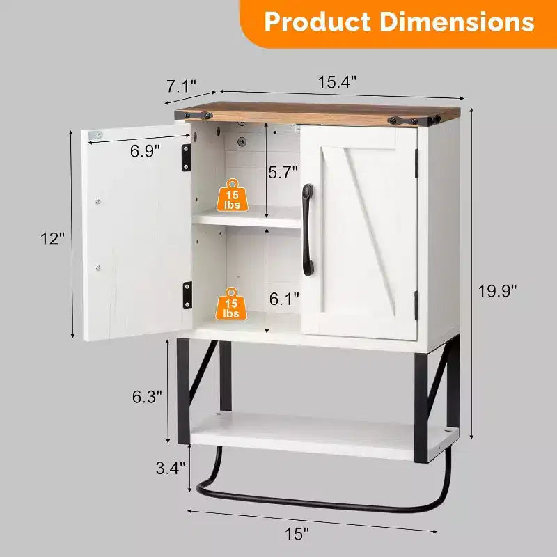 Armoire murale de salle de bain VINGLI avec barre porte-serviettes de style rustique, petite armoire à pharmacie mignonne à placer au-dessus des toilettes avec barre porte-serviettes, blanc rustique et marron