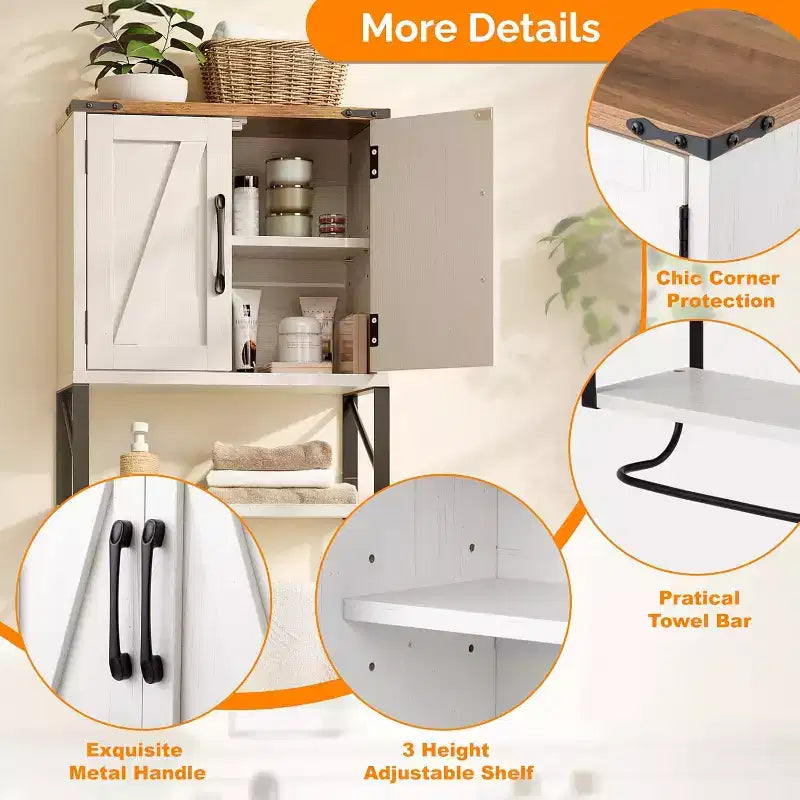 Armoire murale de salle de bain VINGLI avec barre porte-serviettes de style rustique, petite armoire à pharmacie mignonne à placer au-dessus des toilettes avec barre porte-serviettes, blanc rustique et marron