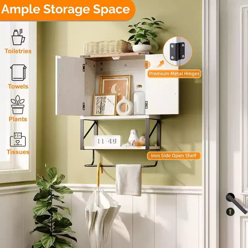 Armoire murale de salle de bain VINGLI avec barre porte-serviettes de style rustique, petite armoire à pharmacie mignonne à placer au-dessus des toilettes avec barre porte-serviettes, blanc rustique et marron