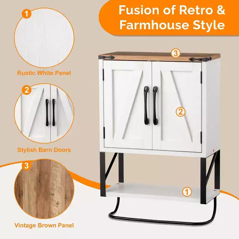 Armoire murale de salle de bain VINGLI avec barre porte-serviettes de style rustique, petite armoire à pharmacie mignonne à placer au-dessus des toilettes avec barre porte-serviettes, blanc rustique et marron
