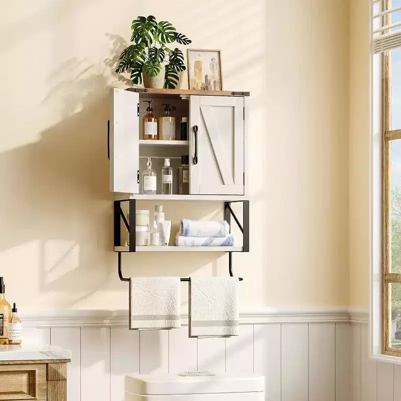 Armoire murale de salle de bain VINGLI avec barre porte-serviettes de style rustique, petite armoire à pharmacie mignonne à placer au-dessus des toilettes avec barre porte-serviettes, blanc rustique et marron