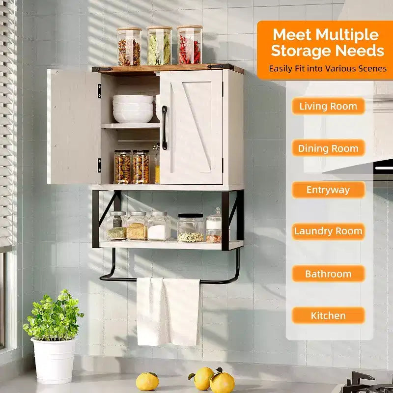 Armoire murale de salle de bain VINGLI avec barre porte-serviettes de style rustique, petite armoire à pharmacie mignonne à placer au-dessus des toilettes avec barre porte-serviettes, blanc rustique et marron