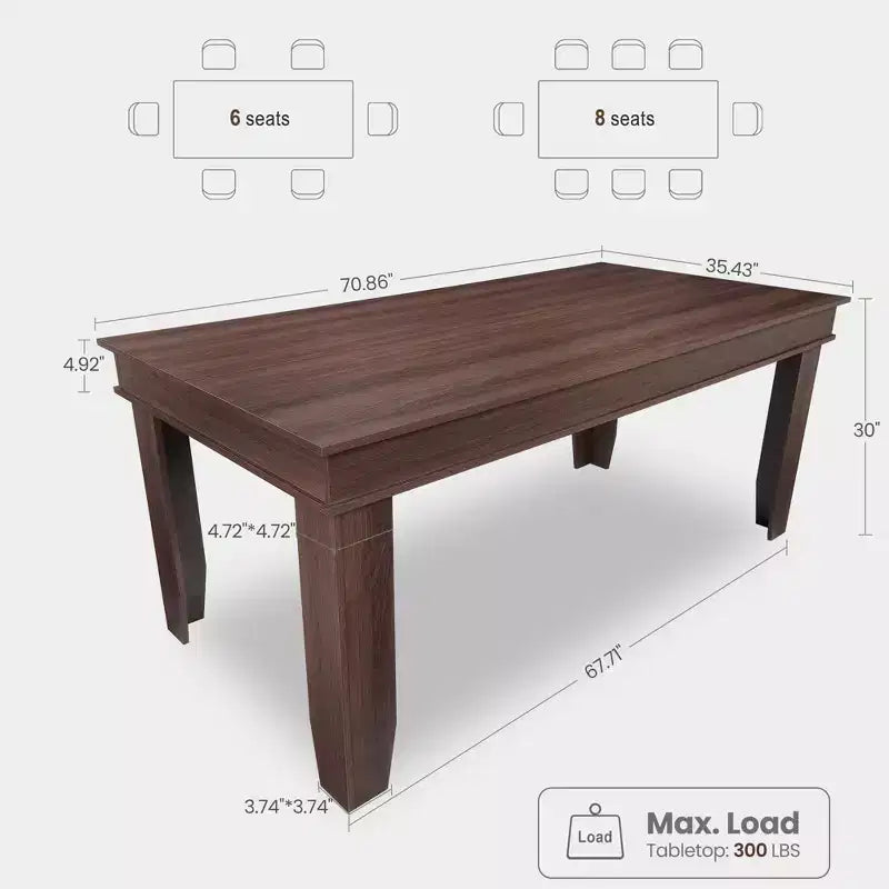 Table de salle à manger pour 6-8 personnes - Table de cuisine rustique en bois de 180 cm avec pieds robustes en forme de V (pour 6-10 personnes, finition marron)