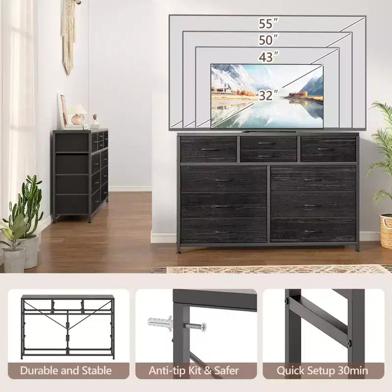GustoWave TV Stand for 55 Inch TV, Entertainment Center with 10 Drawers for Living Room, Closet, Entryway, Hallway