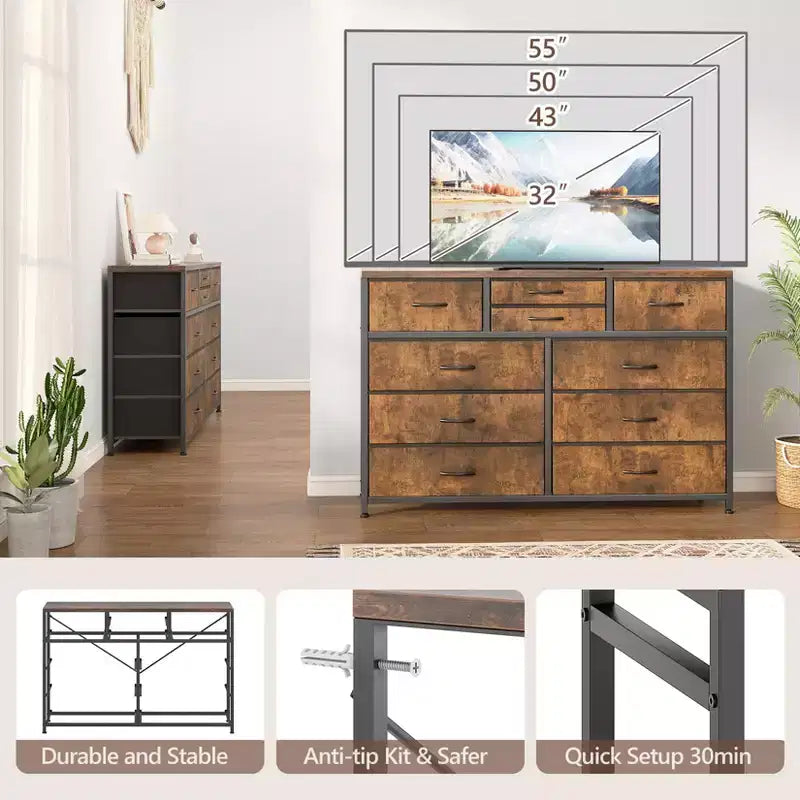 GustoWave TV Stand for 55 Inch TV, Entertainment Center with 10 Drawers for Living Room, Closet, Entryway, Hallway