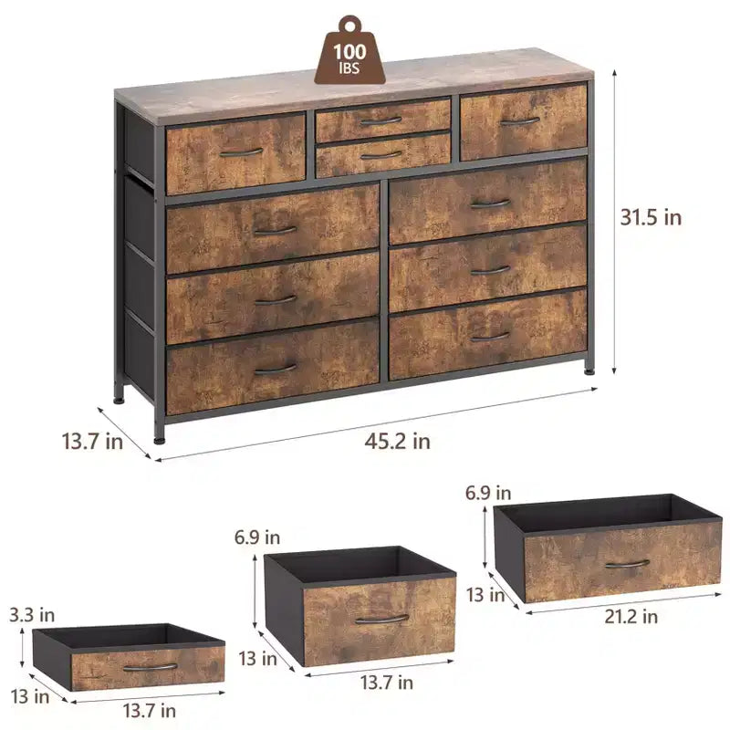 GustoWave TV Stand for 55 Inch TV, Entertainment Center with 10 Drawers for Living Room, Closet, Entryway, Hallway