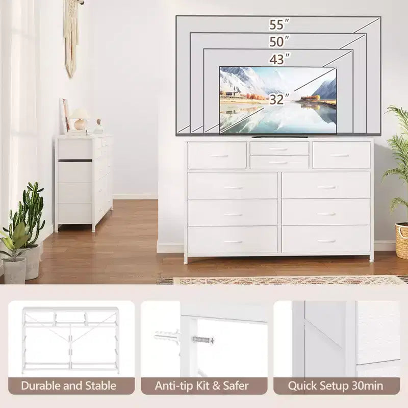 GustoWave TV Stand for 55 Inch TV, Entertainment Center with 10 Drawers for Living Room, Closet, Entryway, Hallway