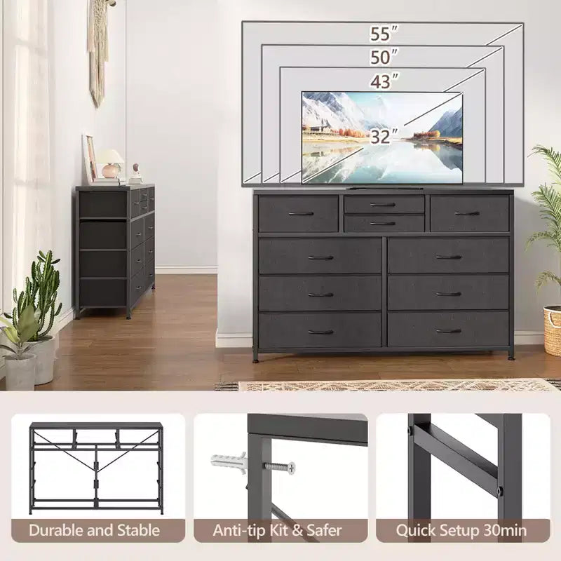 GustoWave TV Stand for 55 Inch TV, Entertainment Center with 10 Drawers for Living Room, Closet, Entryway, Hallway