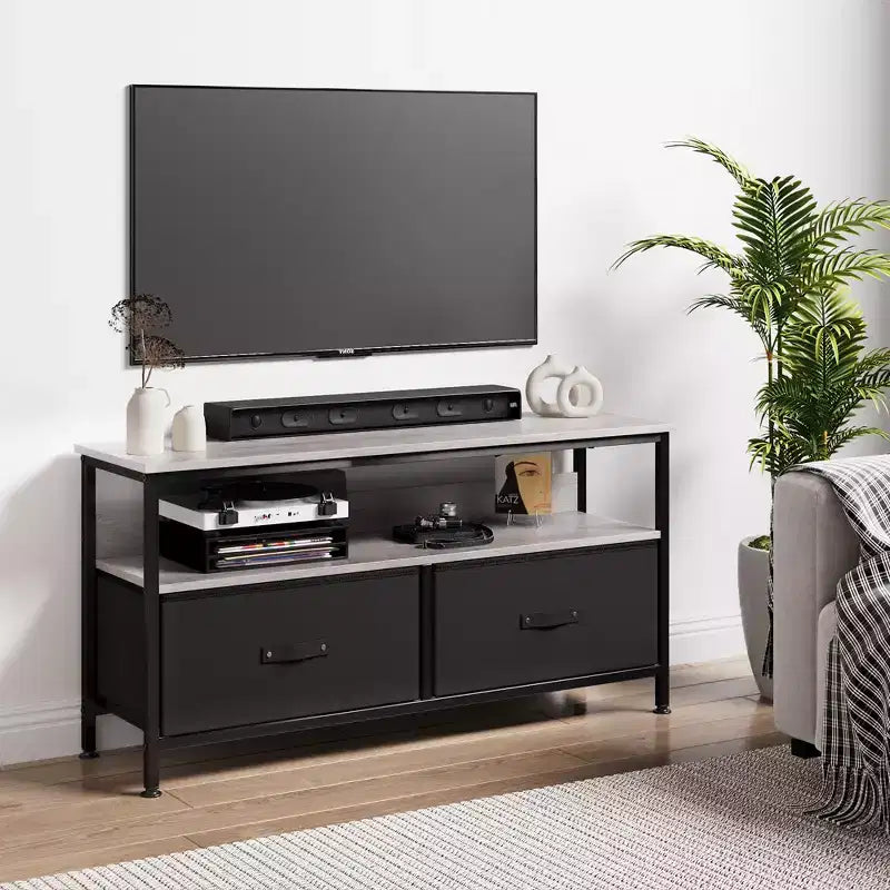 TV Stand with 2 Fabric Drawers for 55 Inch TV Entertainment Center with Storage Cabinets Media Console with Open Shelf Entertainment Stand