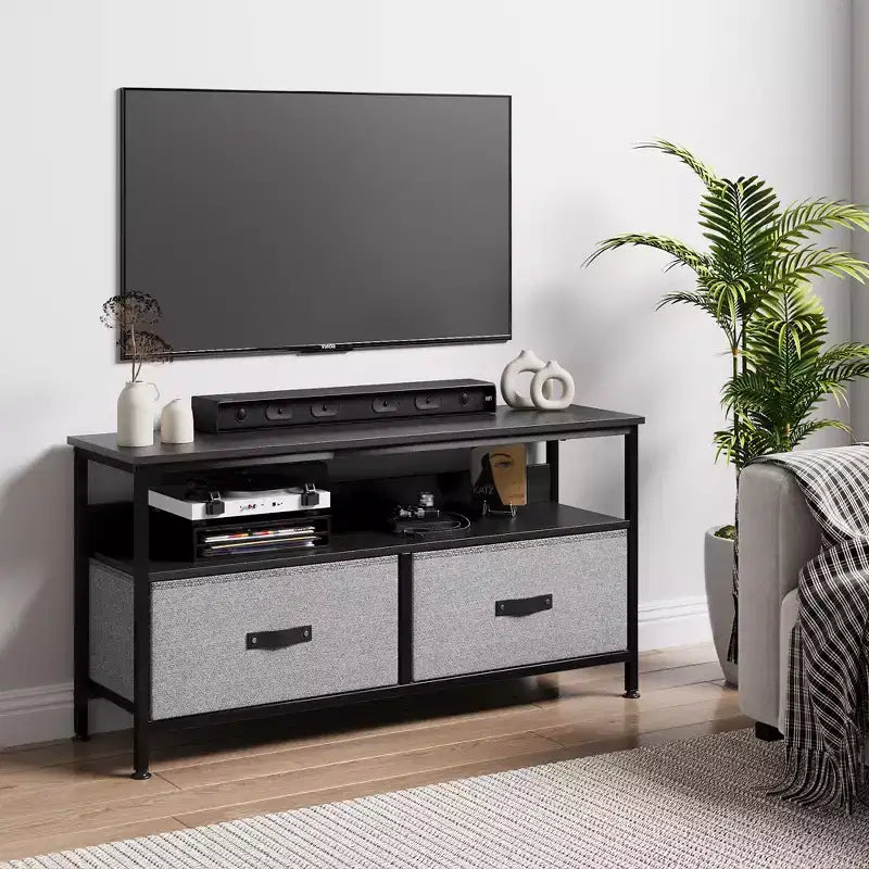 Meuble TV avec 2 tiroirs en tissu pour téléviseur 55 pouces Meuble TV avec placards de rangement Console multimédia avec étagère ouverte Meuble de divertissement