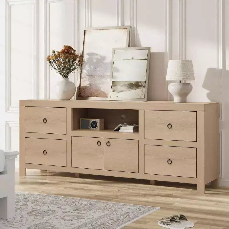 Meuble TV contemporain de 70 pouces de large avec 6 tiroirs de rangement pour téléviseurs jusqu'à 80 pouces, idéal pour le salon et le centre de divertissement
