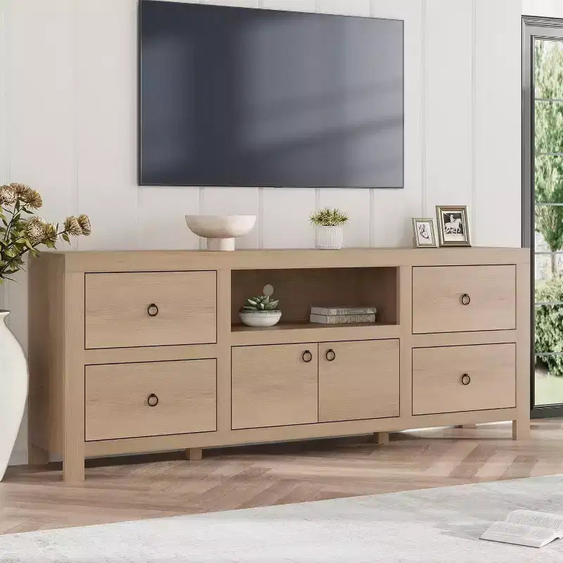 Meuble TV contemporain de 70 pouces de large avec 6 tiroirs de rangement pour téléviseurs jusqu'à 80 pouces, idéal pour le salon et le centre de divertissement