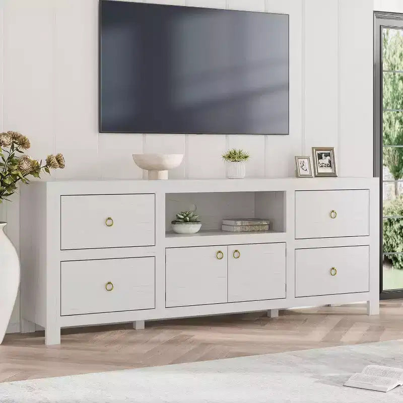 Meuble TV contemporain de 70 pouces de large avec 6 tiroirs de rangement pour téléviseurs jusqu'à 80 pouces, idéal pour le salon et le centre de divertissement