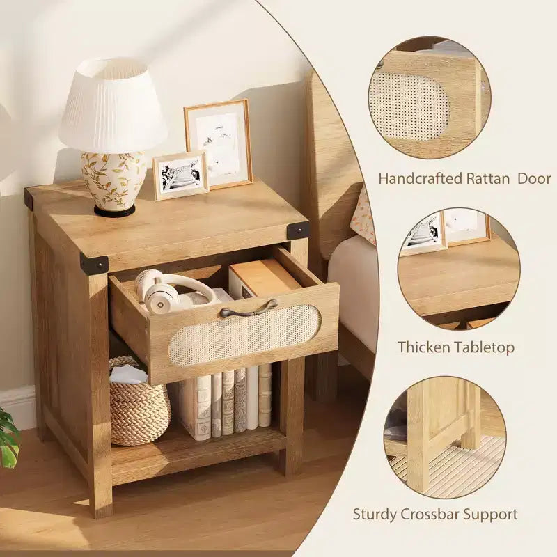 Nightstand with Drawer, Mid-Century Modern Bedside Table C Boho Rattan & Iron Accents, Compact Storage for Bedroom