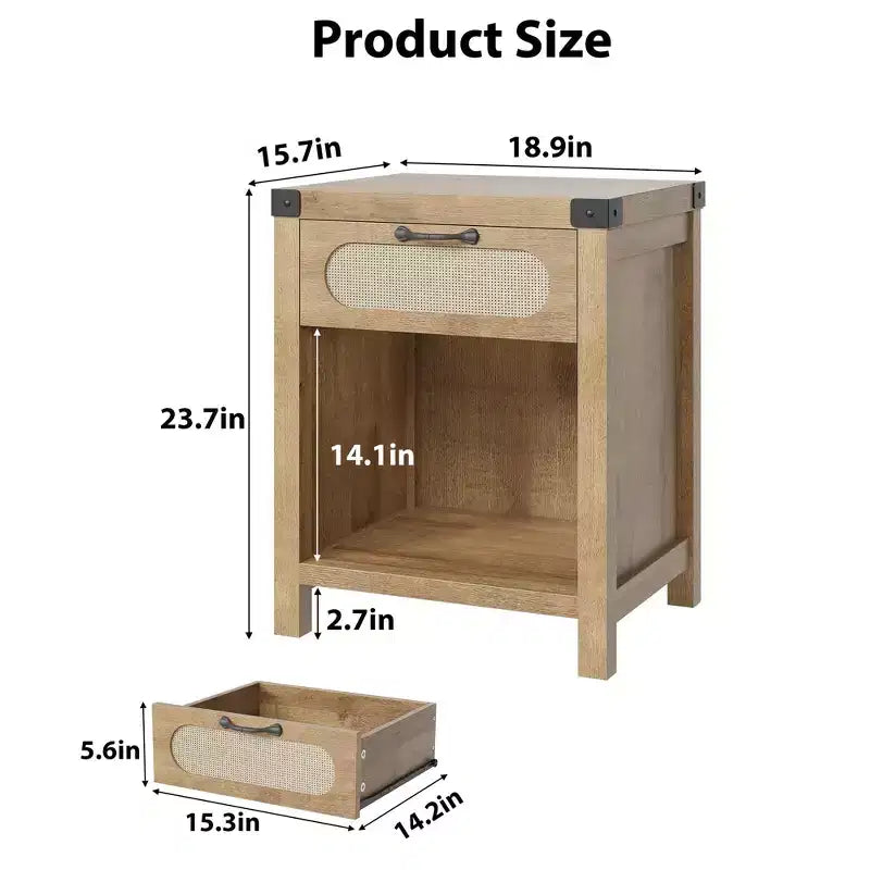 Nightstand with Drawer, Mid-Century Modern Bedside Table C Boho Rattan & Iron Accents, Compact Storage for Bedroom