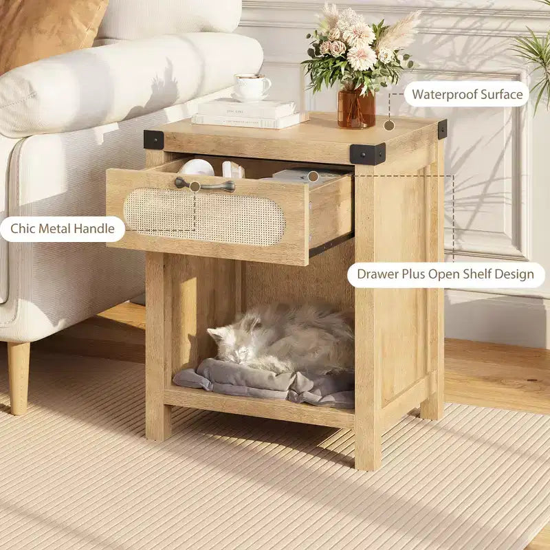 Nightstand with Drawer, Mid-Century Modern Bedside Table C Boho Rattan & Iron Accents, Compact Storage for Bedroom