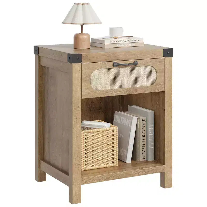 Nightstand with Drawer, Mid-Century Modern Bedside Table C Boho Rattan & Iron Accents, Compact Storage for Bedroom