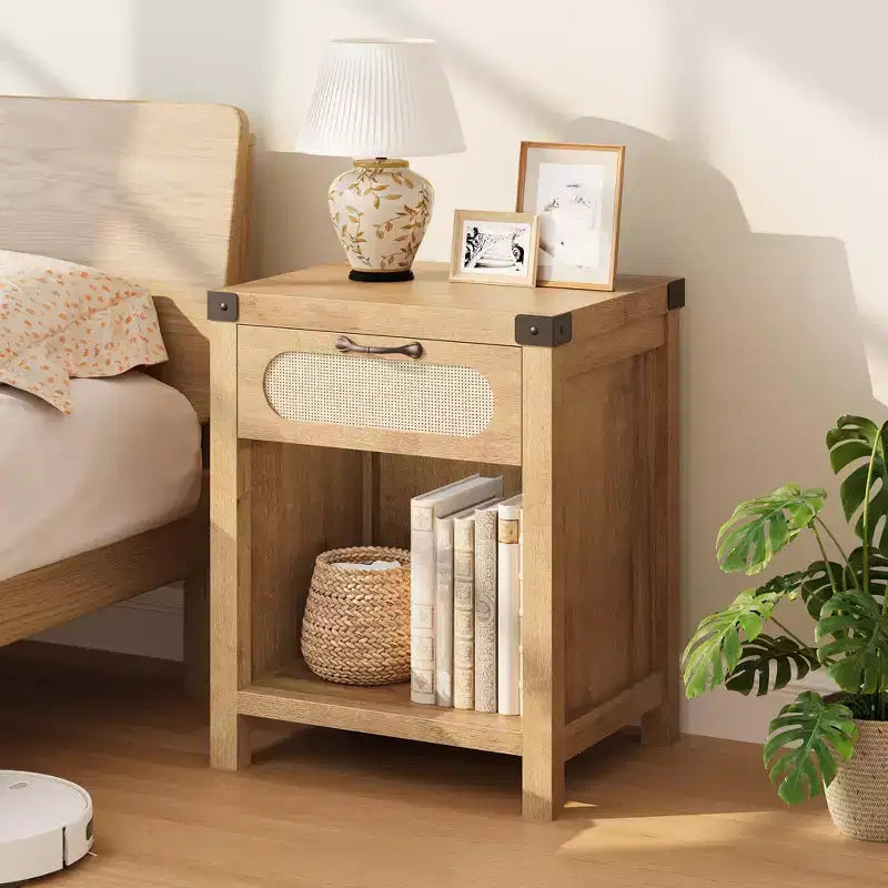 Nightstand with Drawer, Mid-Century Modern Bedside Table C Boho Rattan & Iron Accents, Compact Storage for Bedroom